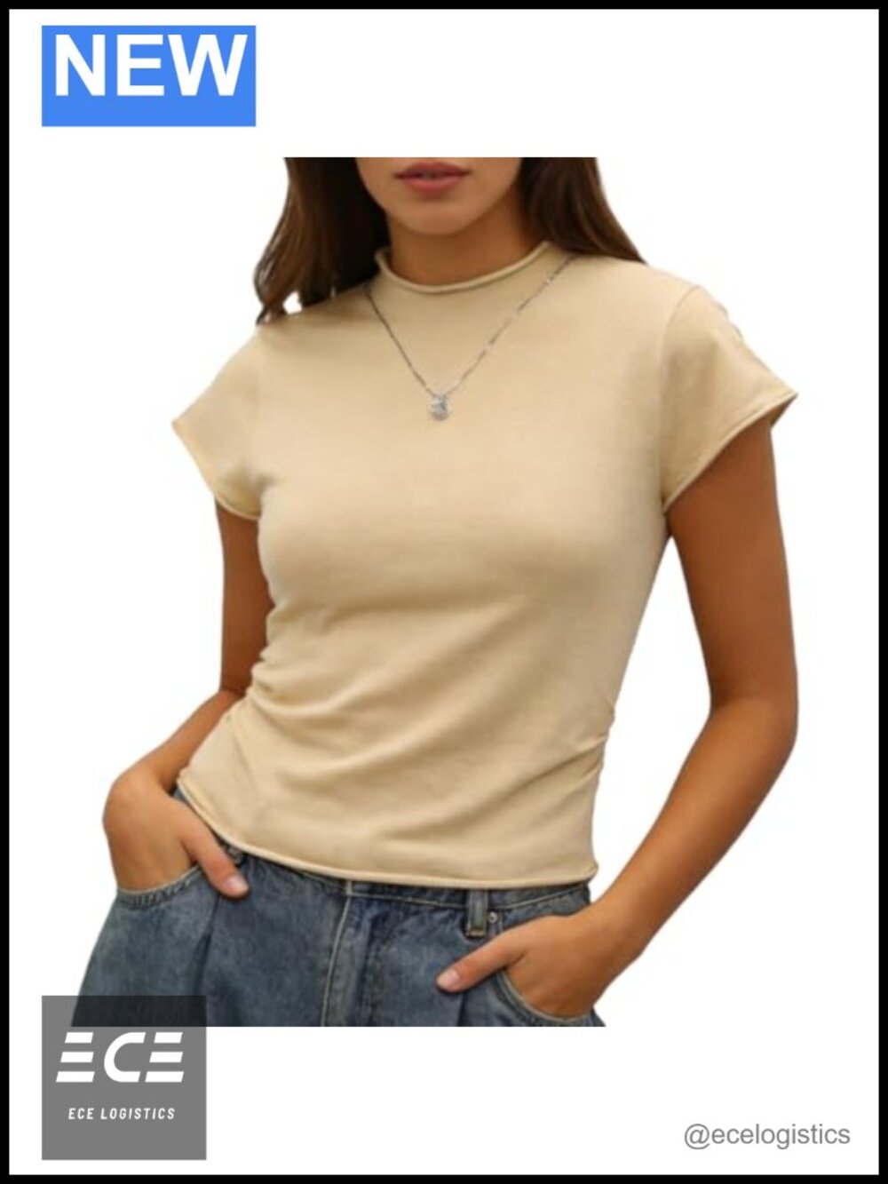 Soft Stretchy Ribbed Knit Mock Neck Short Sleeve Top Slim Fit